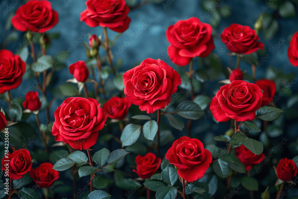 Obraz premium Red Beautiful Roses Flowers Romantic Arrangement extreme closeup. Generative AI