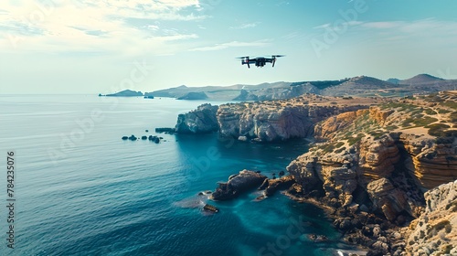 A drone flying over a scenic coastline with cliffs and sea. Clear blue sky and drone technology in nature photography. Perfect for travel and tech themes. AI