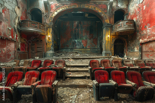 A once-grand theater with faded velvet seats and a dusty stage