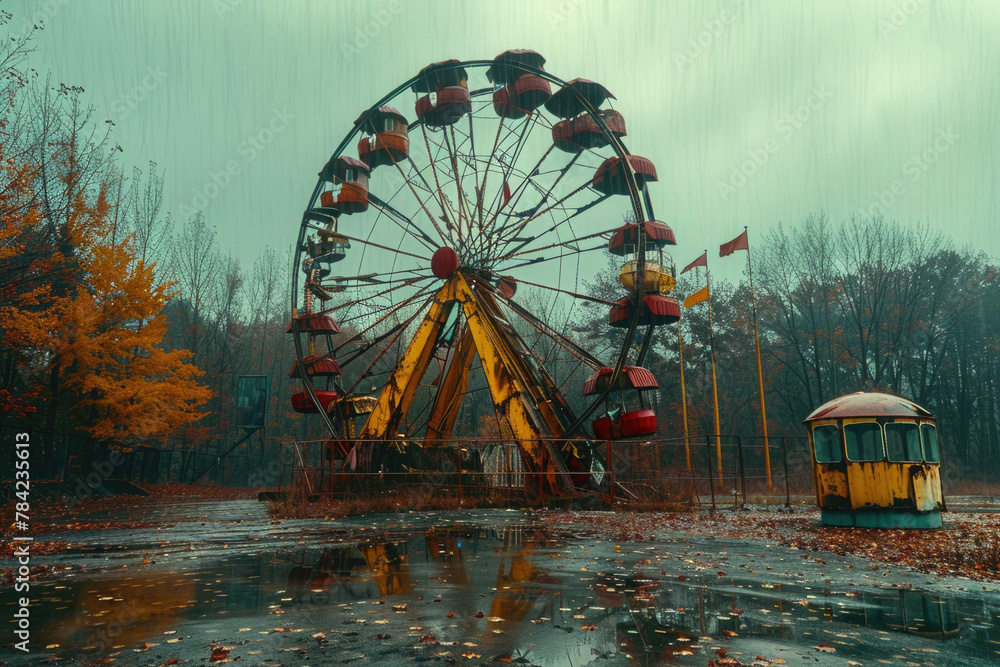 Rusting Ferris Wheel Against a Gloomy Sky