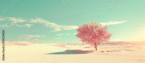 Minimalist desert landscape featuring monochromatic trees. 