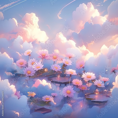 a many pink flowers floating in the water on the clouds