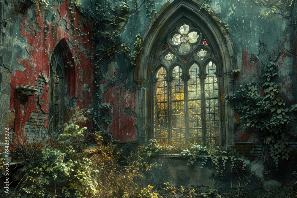A decaying church with crumbling stained glass windows and overgrown ivy