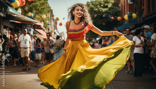 Woman in yellow dress dancing for the Day of the Dead in Mexico