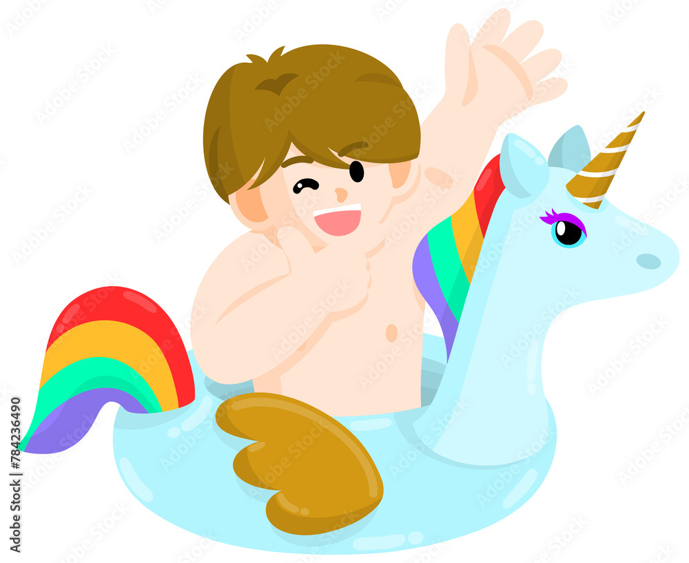 Cool blond boy with a unicorn inner tube
