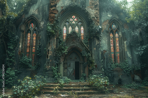 A decaying church with crumbling stained glass windows and overgrown ivy