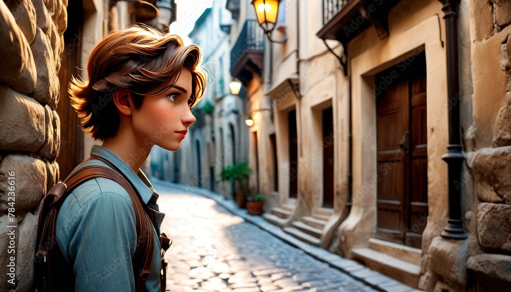 Obraz premium A thoughtful young woman traverses a serene, historic alleyway, bathed in the warm glow of the evening light.. AI Generation