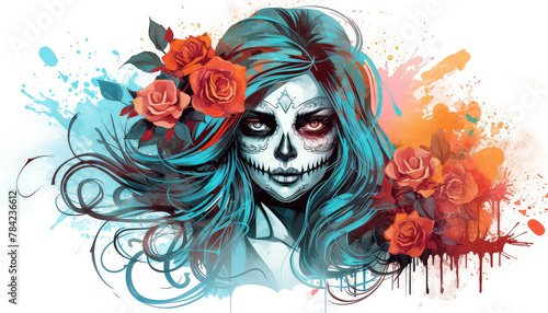 Woman with sugar skull makeup on a floral background