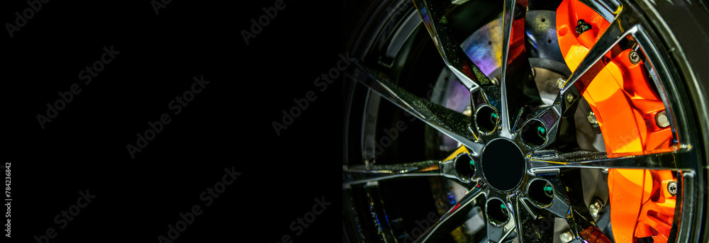 Car alloy wheel and disc-brake sport car,copy space Car alloy wheel and disc-brake sport car,copy space