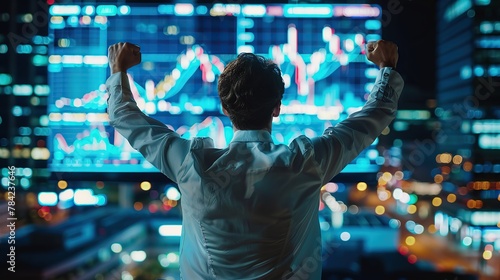 Excited Businessman Raises Hands and Punches Air while Celebrating Successful Deal. Stock Exchange Manager Happy After Investment Day.