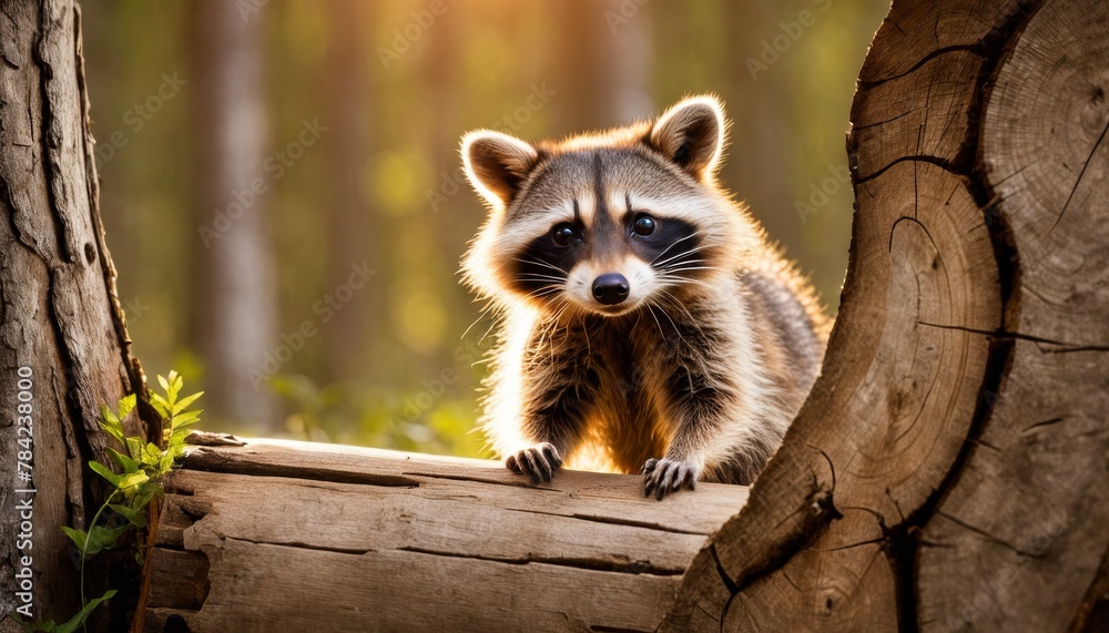 Fototapeta premium A curious raccoon peers out from a tree trunk in a vibrant forest setting, captivating with its expressive eyes.. AI Generation
