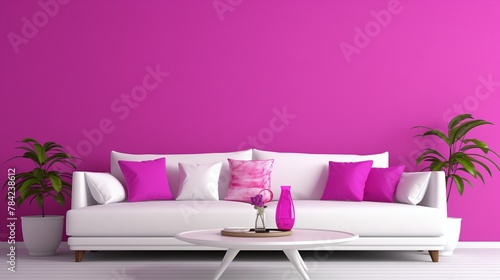 A modern living space with a pristine white sofa set against a vibrant fuchsia 3D wall  offering a bold and trendy atmosphere.