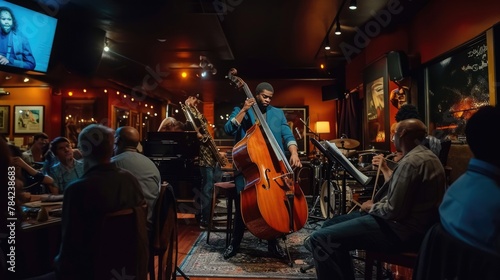 An evening at a jazz club, musicians in mid-performance, intimate lighting, audience engagement, capturing the essence of live music. Resplendent. © Summit Art Creations