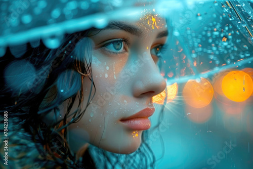 A dreamy portrait of a person standing under a transparent umbrella in a gentle rain