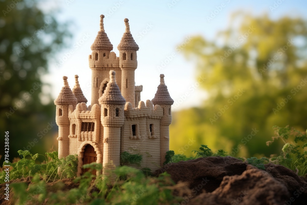 A knitted miniature castle from a fairy tale with towers and turrets, detailed texture reminiscent of stonework, located on the edge of the forest