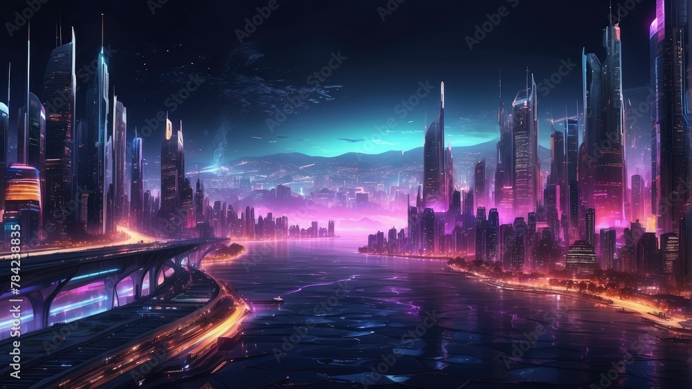Obraz premium advanced city background with purple color cyberpunk concept