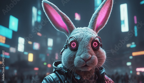 futuristic neon robotic bunny in the city