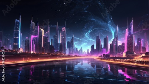 advanced city background with purple color cyberpunk concept photo