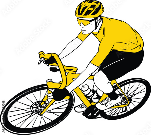 vector cycling bicycle rider athlete wearing sunglasses on road bike coloring silhuotte drawing helmet racing tour 