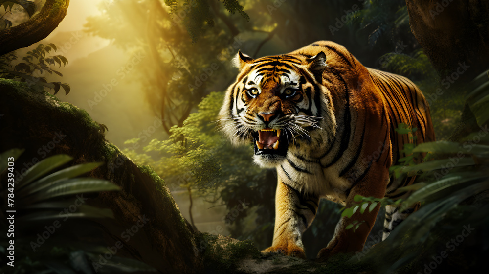 Majestic Tiger Roaming Through Enchanted Jungle,An intense gaze of a tiger amidst a jungle backdrop,