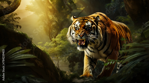 Majestic Tiger Roaming Through Enchanted Jungle An intense gaze of a tiger amidst a jungle backdrop 