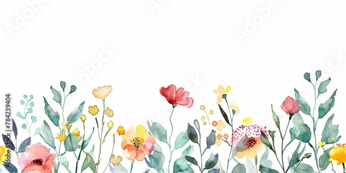 Seamless horizontal frame border banner with multicolored watercolor wildflowers and leaves isolated on white background photo