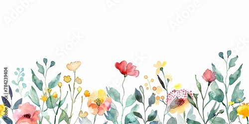 Fototapeta Naklejka Na Ścianę i Meble -  Seamless horizontal frame border banner with multicolored watercolor wildflowers and leaves isolated on white background
