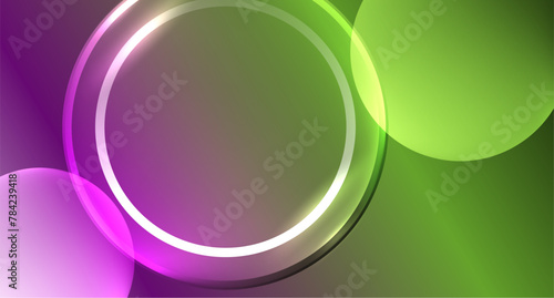 A liquid, fluid pattern of purple, green and white circles on a green background. Macro photography captures the tints and shades of magenta and electric blue in this unique dishware design
