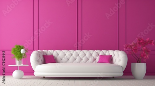 A modern lounge area with a plush white sofa set against a vibrant fuchsia 3D wall backdrop, evoking energy.