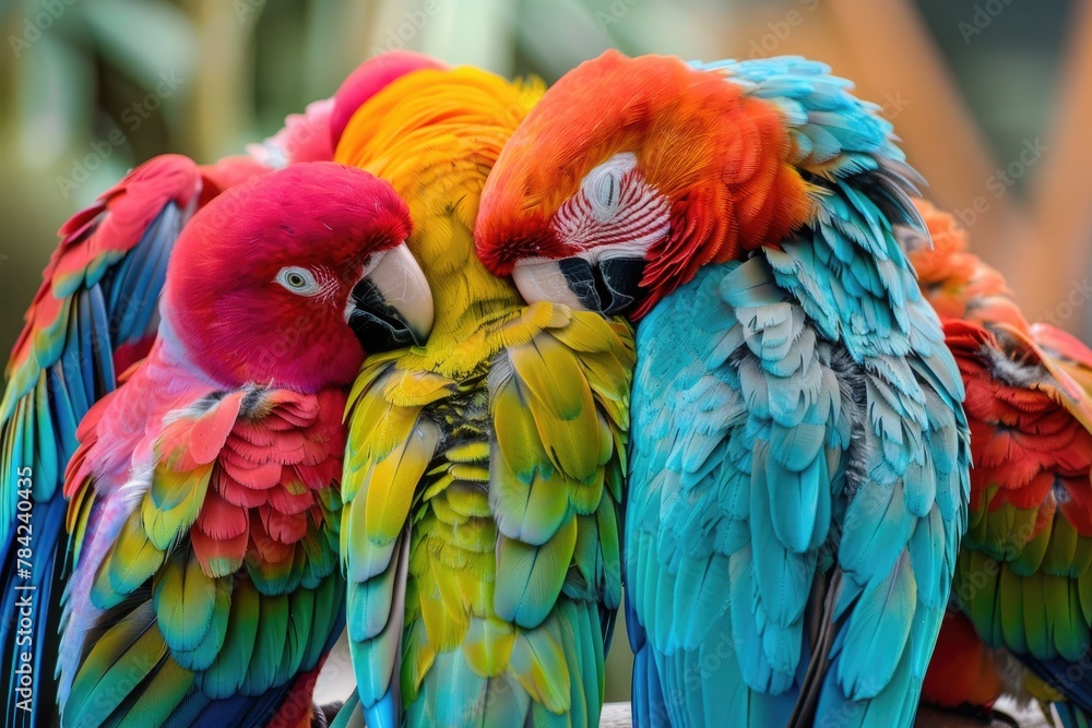 A group of colorful parrots snuggling together A group of colorful parrots snuggling together