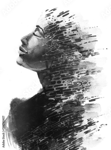 A painted black and white double exposure portrait of a woman's profile