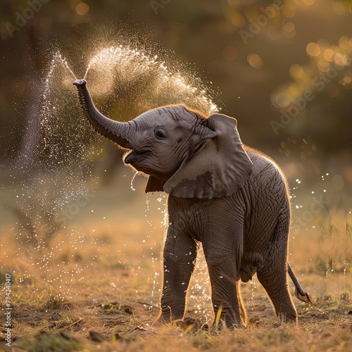Baby elephant playfully spraying water