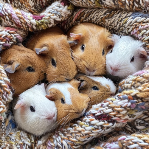 Group of guinea pigs cuddling together in a cozy blanket