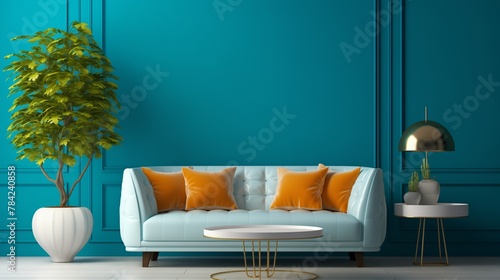 A modern lounge space adorned with a plush white sofa against a vibrant teal 3D wall  evoking a sense of relaxation and tranquility.