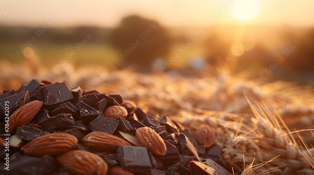 Sunlit Barley Field with Scattered Almonds and Chocolate Chunks Harmonious Blend of Natural and Indulgent Elements - obrazy, fototapety, plakaty 