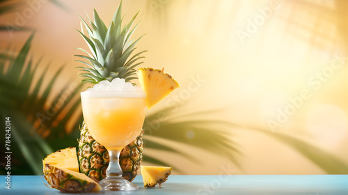 Fresh cold cocktail with straw on beach background.cocktail with pineapple.