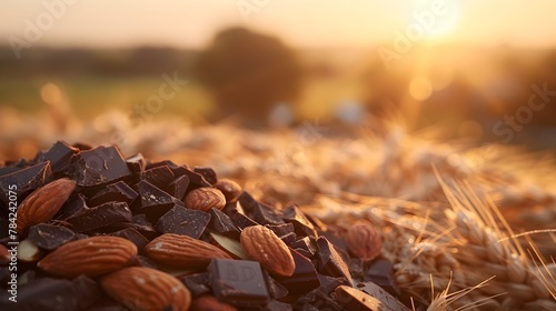 Sunlit Barley Field with Scattered Almonds and Chocolate Chunks Harmonious Blend of Natural and Indulgent Elements photo