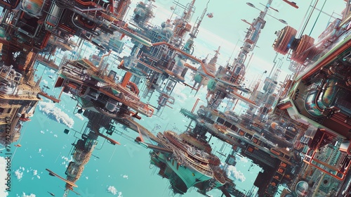 Merge elements of a dystopian metropolis and a bustling maritime port into a chaotic scene Utilize glitch art techniques to depict unexpected camera angles, creating a surreal and captivating visual n photo