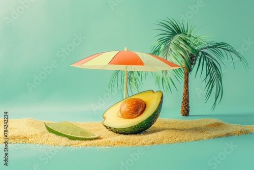 A ripe avocado cut in half lies on the sand with a miniature palm tree and a parasol. Shades of green as a background. Minimal concept.