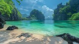 A panoramic view of an idyllic tropical beach featuring azure waters, pristine sand, and dramatic limestone cliffs