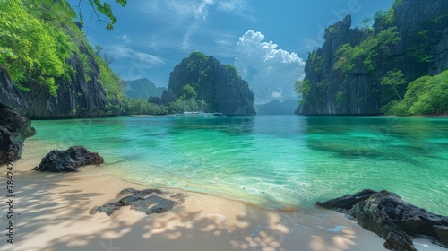 A panoramic view of an idyllic tropical beach featuring azure waters, pristine sand, and dramatic limestone cliffs