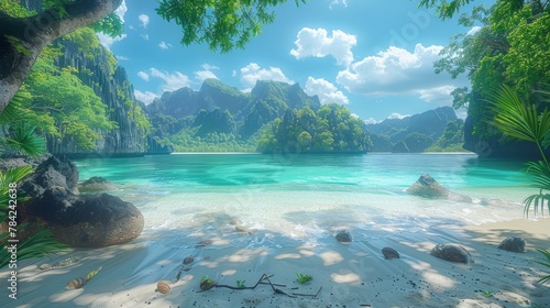 Majestic scenery showing a secluded lagoon with crystal clear water surrounded by lush tropical forest and cliffs