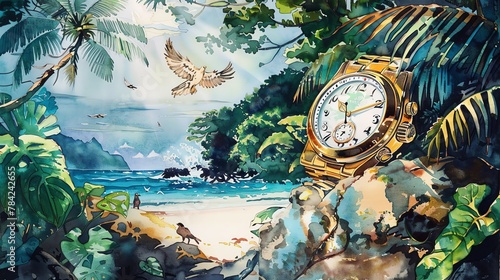 Produce a watercolor painting of a luxurious watch stranded on a deserted island, surrounded by lush greenery and exotic birds photo
