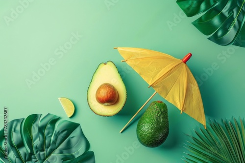 The top view of a ripe avocado cut in half lies on shades of green as a background with monstera leaves. Minimal concept. photo