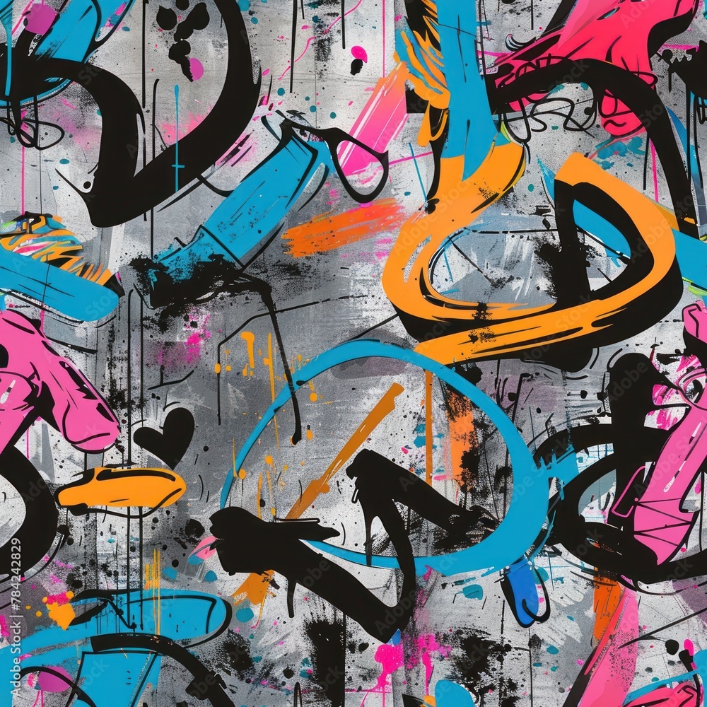 A seamless pattern with large flowing graffiti tags and spray paint splatters in a range of neon colors