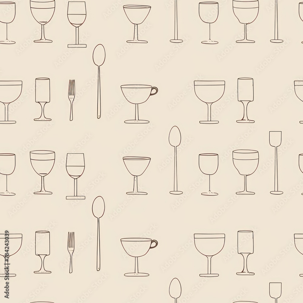 A seamless pattern featuring minimalist line art of coffee cups wine glasses A seamless pattern featuring minimalist line art of coffee cups wine glasses