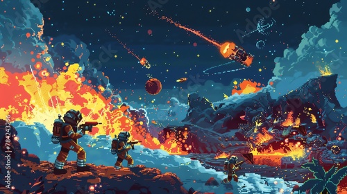 Craft a mesmerizing scene of galactic firefighters combating space wildfires using pixel art, emphasizing bold, contrasting colors and intricate details Experiment with unique camera angles for an eng