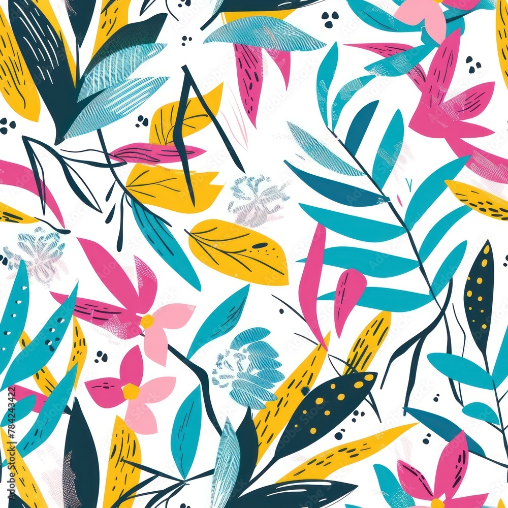 Abstract floral seamless pattern with stylized blooms and foliage in a bold palette of fuchsia