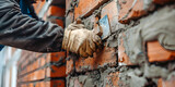 Masonry works A person working in the construction of a building Bricklayer laying bricks on mortar on new residential house construction Spatula in the hand of the builder repair of a brick wall