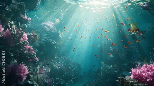 Dive deep with a low-angle view of underwater worlds in a bold, photorealistic digital rendering Infuse leadership principles subtly into the scenes composition, creating an inspiring and thought-prov #784243874